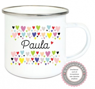 Preview: ♥ Tasse Emailletasse Becher,  Herzen, Wunschname, Einschulung KITA Dankeschön, Abschied, Geburtstag, Jubiläum, Geschenk, Becher von Lüttentüddel
